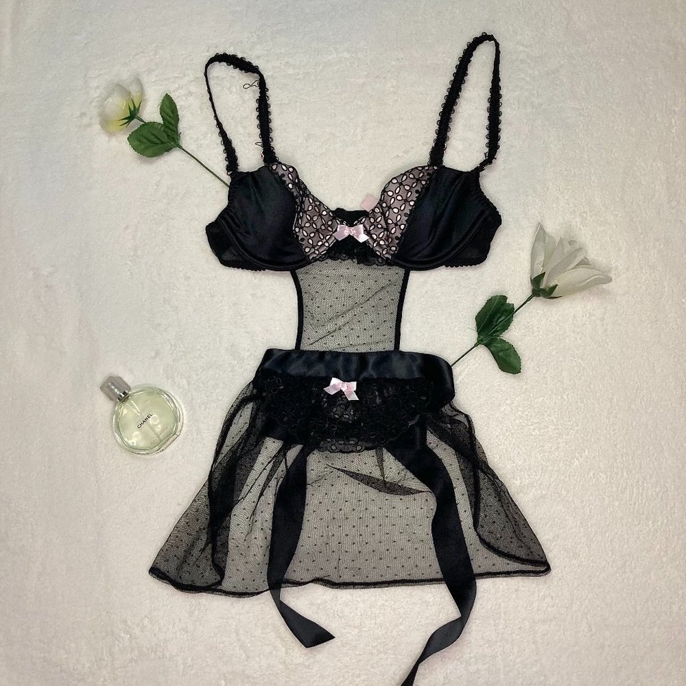 Victoria's Secret Black And Light Pink Apron Teddy Lingerie
